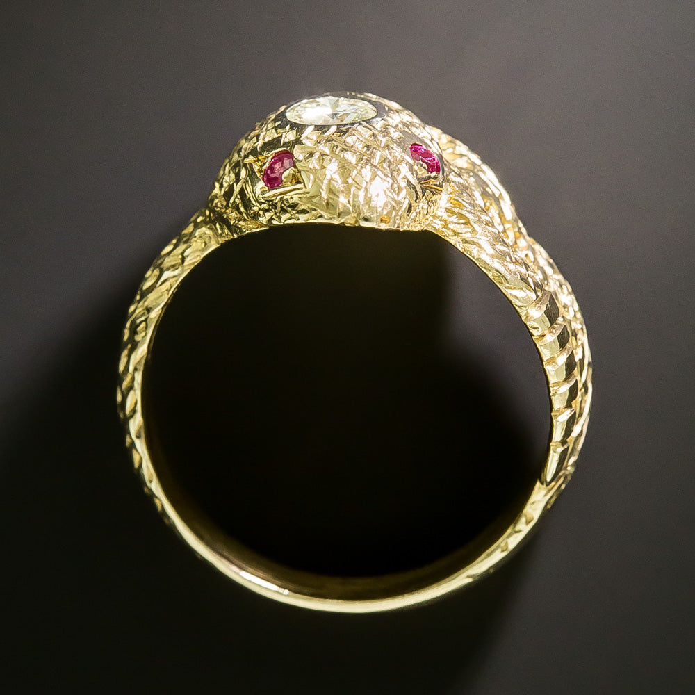 Mid-Century Diamond and Ruby-Eyed 18K Snake Ring - 6
