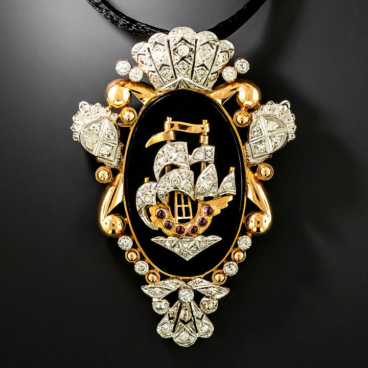 Mid-Century Diamond, Onyx and Ruby* Caravel Ship Brooch/Pendant