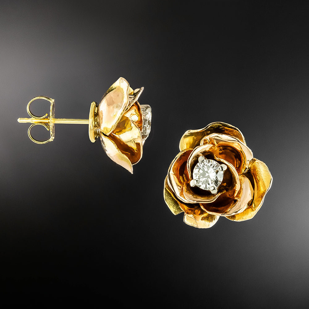 Mid-Century Diamond Rose Earrings - 7