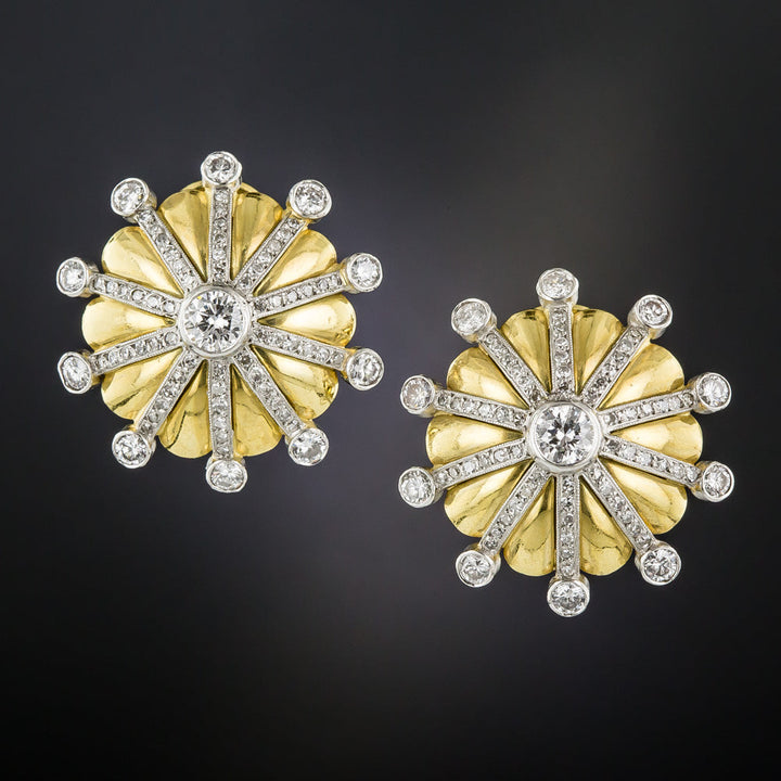 Mid-Century Diamond Sunburst Clip Earrings