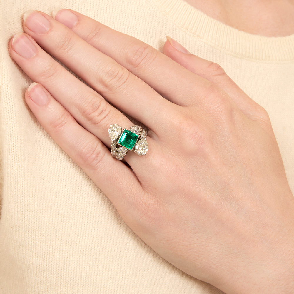 Mid-Century Emerald and Diamond Bypass Ring, by Potter & Mellen -  GIA  - 3