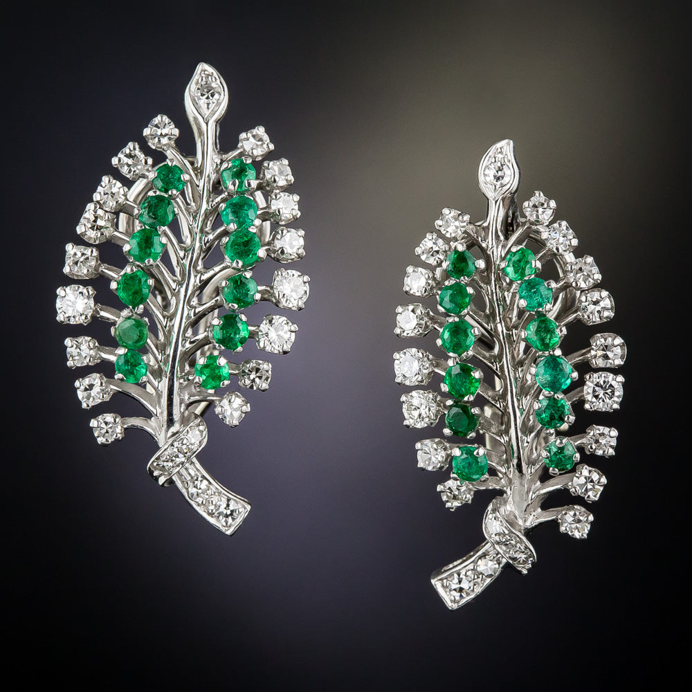 Mid-Century Emerald and Diamond Leaf Clip Earrings - 3