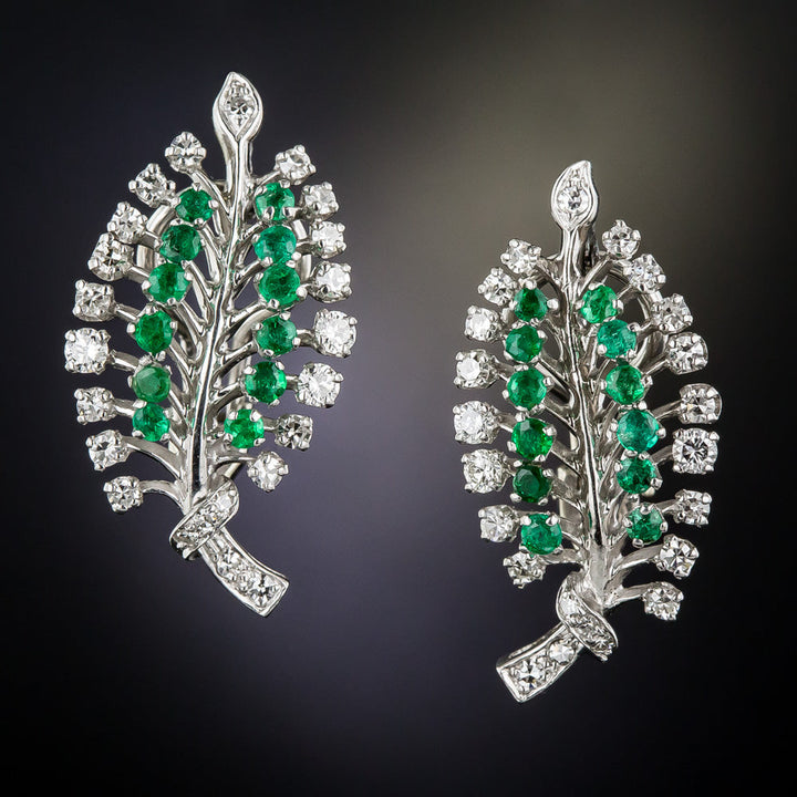 Mid-Century Emerald and Diamond Leaf Clip Earrings