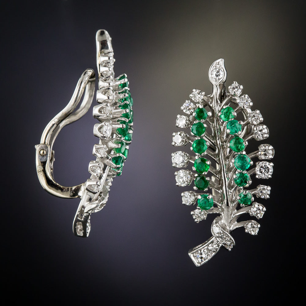 Mid-Century Emerald and Diamond Leaf Clip Earrings - 4