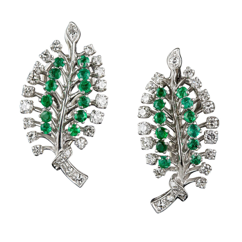 Mid-Century Emerald and Diamond Leaf Clip Earrings - 5