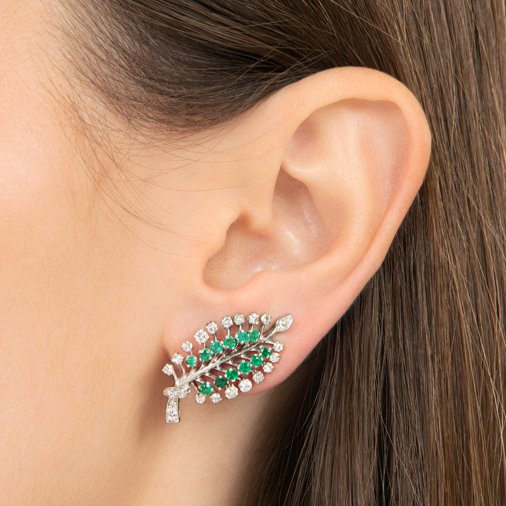 Mid-Century Emerald and Diamond Leaf Clip Earrings - 7