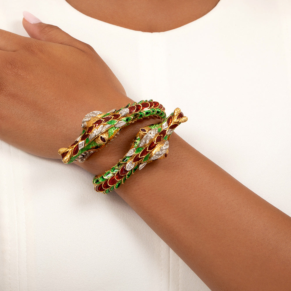 Mid-Century Enamel And Diamond Double Dragon Bracelet - 7