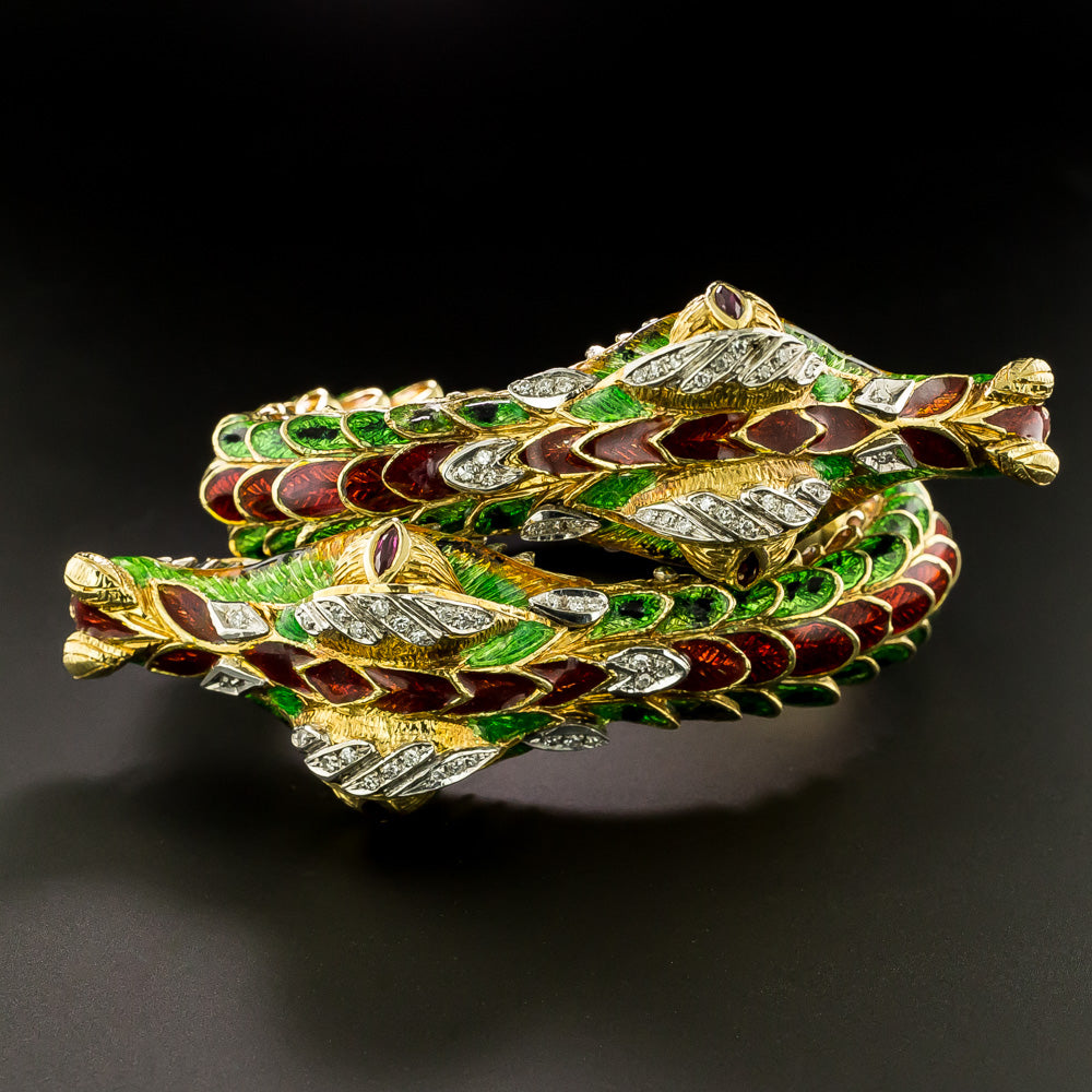 Mid-Century Enamel And Diamond Double Dragon Bracelet - 3