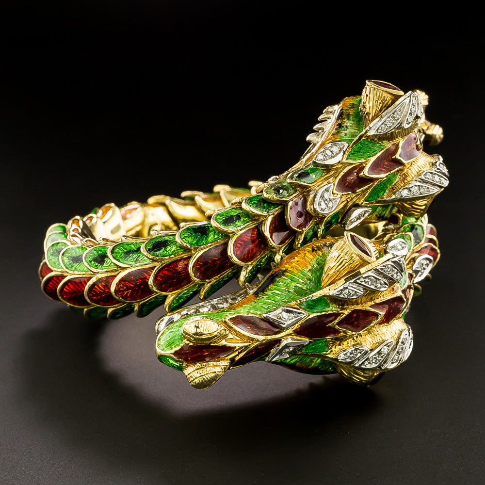 Mid-Century Enamel And Diamond Double Dragon Bracelet - 4