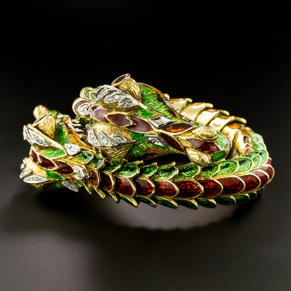 Mid-Century Enamel And Diamond Double Dragon Bracelet - 5