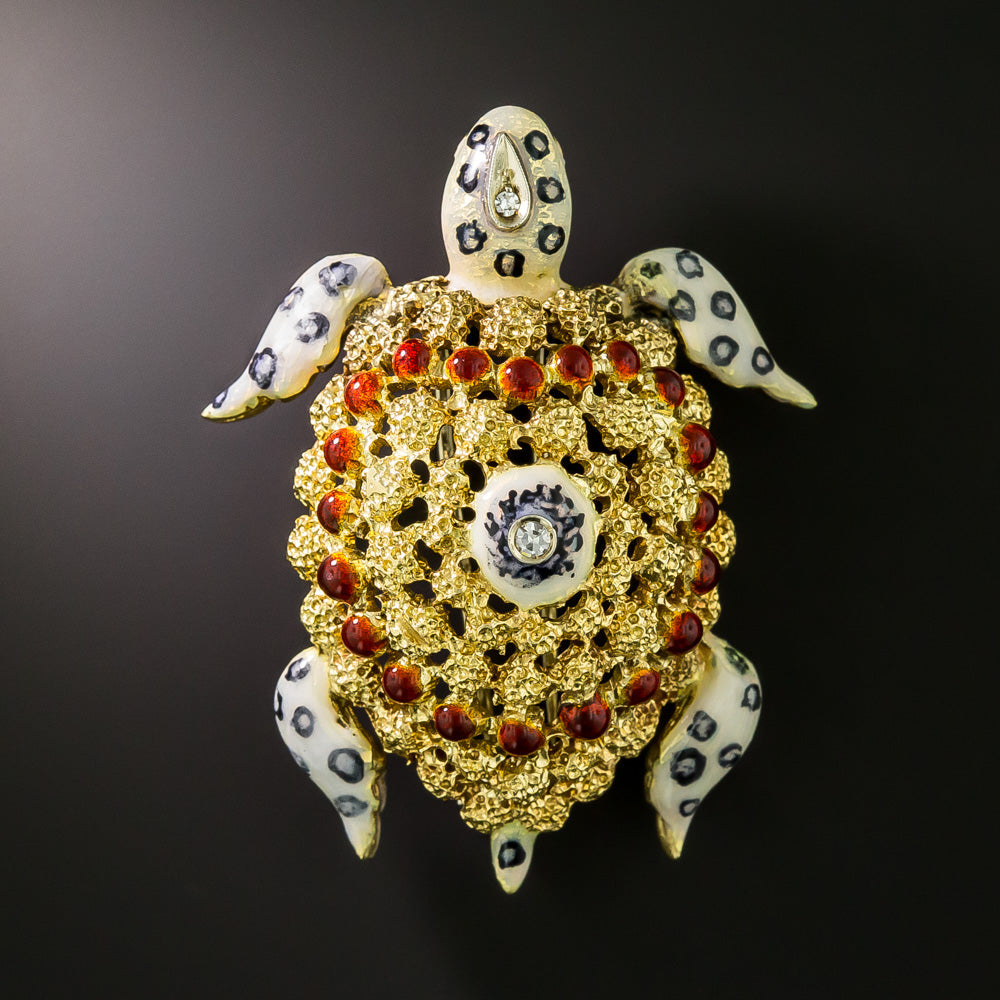 Mid-Century Enamel Tortoise Brooch with Diamonds - 2