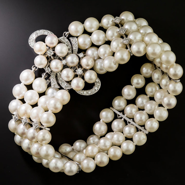Mid-Century Four-Strand Cultured Pearl and Diamond Bracelet
