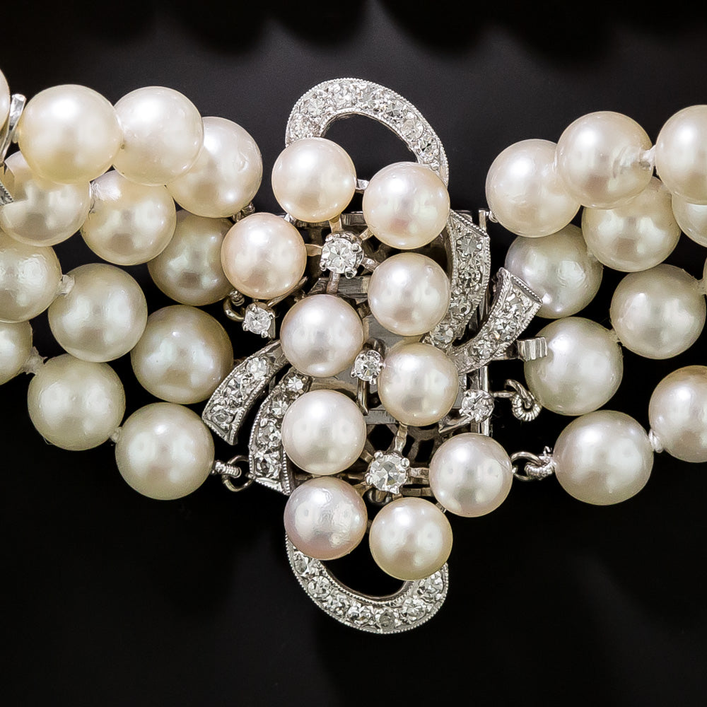 Mid-Century Four-Strand Cultured Pearl and Diamond Bracelet - 4