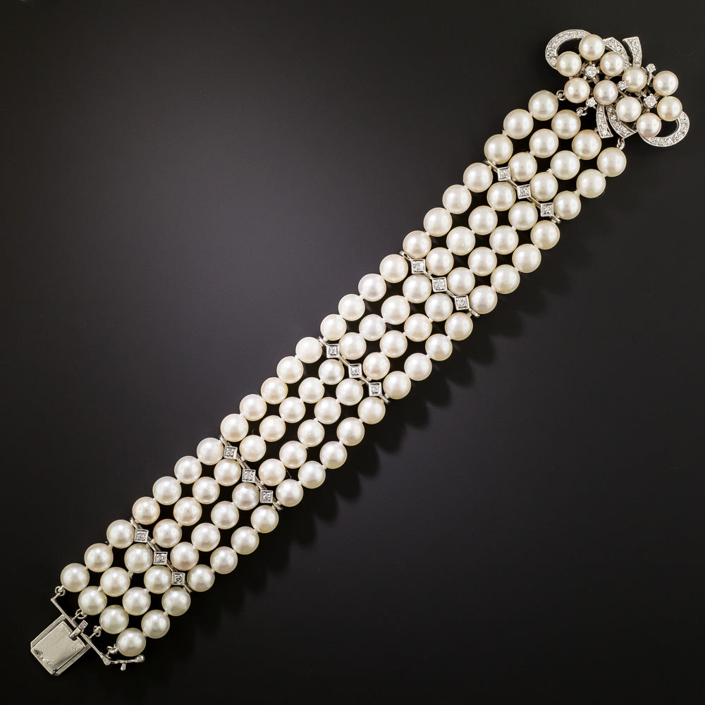 Mid-Century Four-Strand Cultured Pearl and Diamond Bracelet - 5