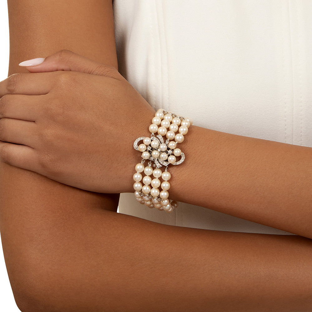 Mid-Century Four-Strand Cultured Pearl and Diamond Bracelet - 6