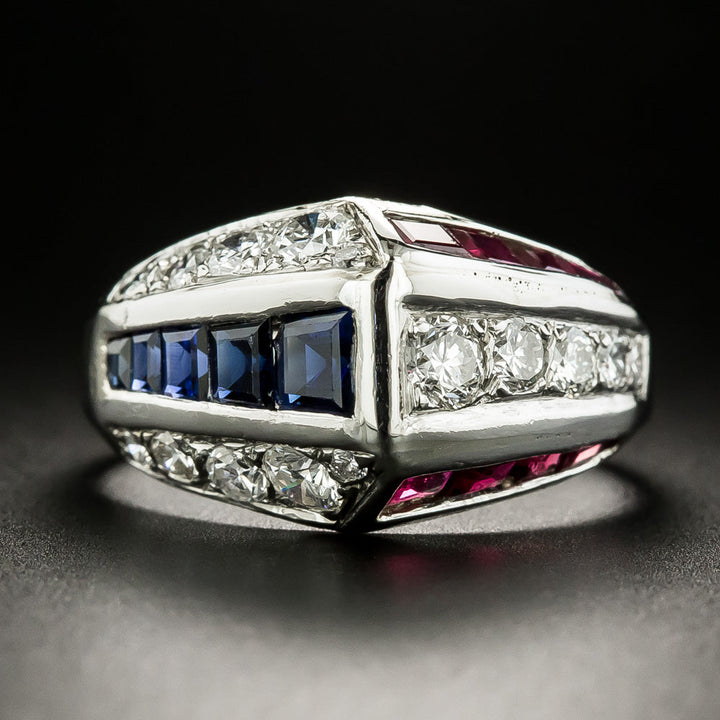 Mid-Century Geometric Ruby, Sapphire and Diamond Ring