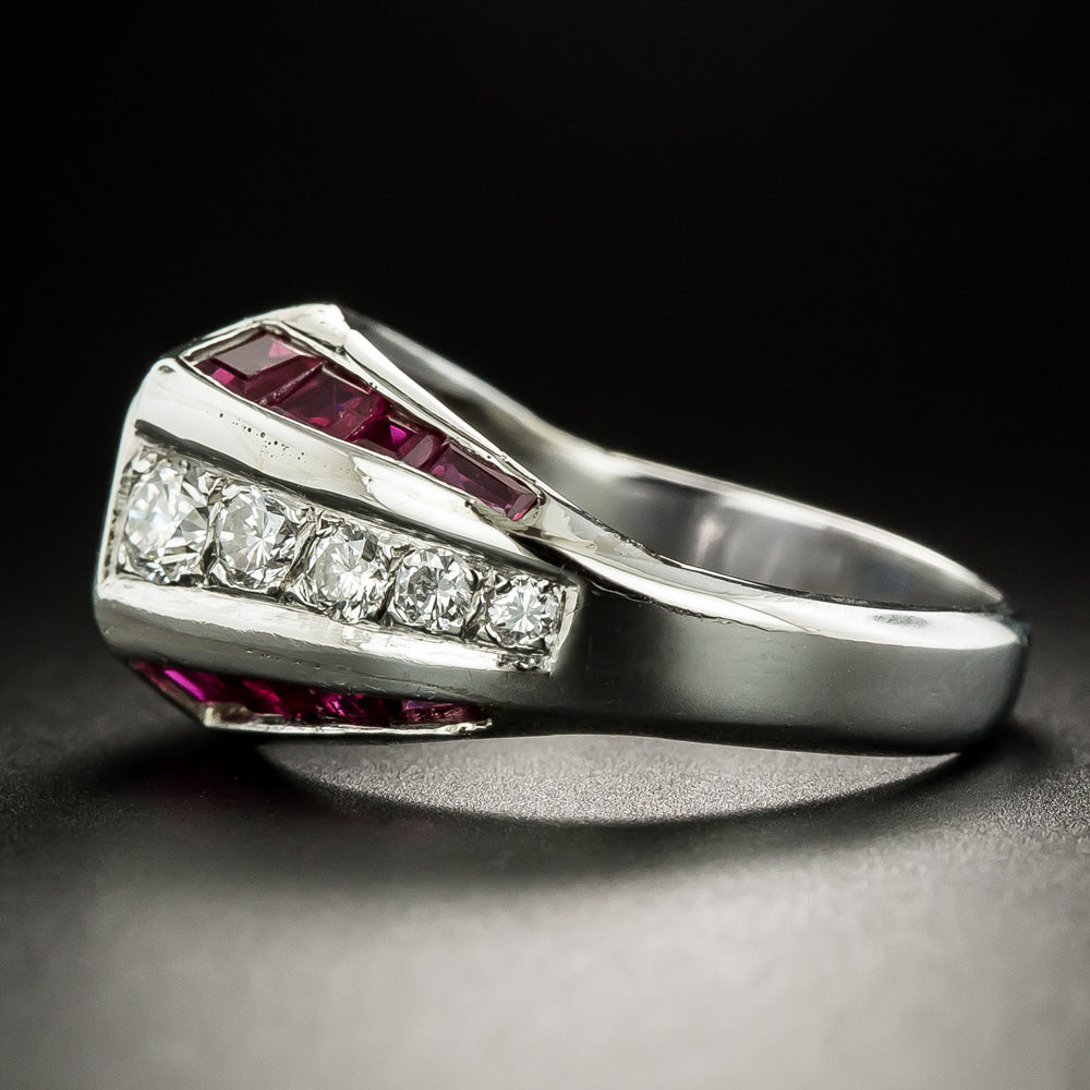 Mid-Century Geometric Ruby, Sapphire and Diamond Ring - 5