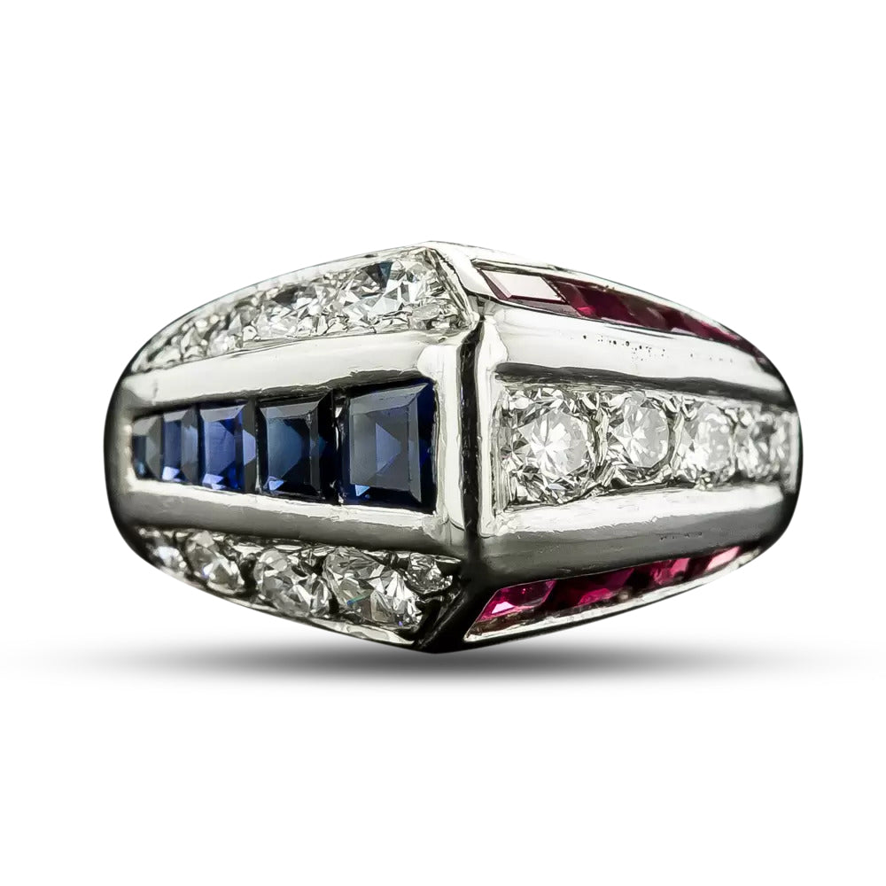 Mid-Century Geometric Ruby, Sapphire and Diamond Ring - 7