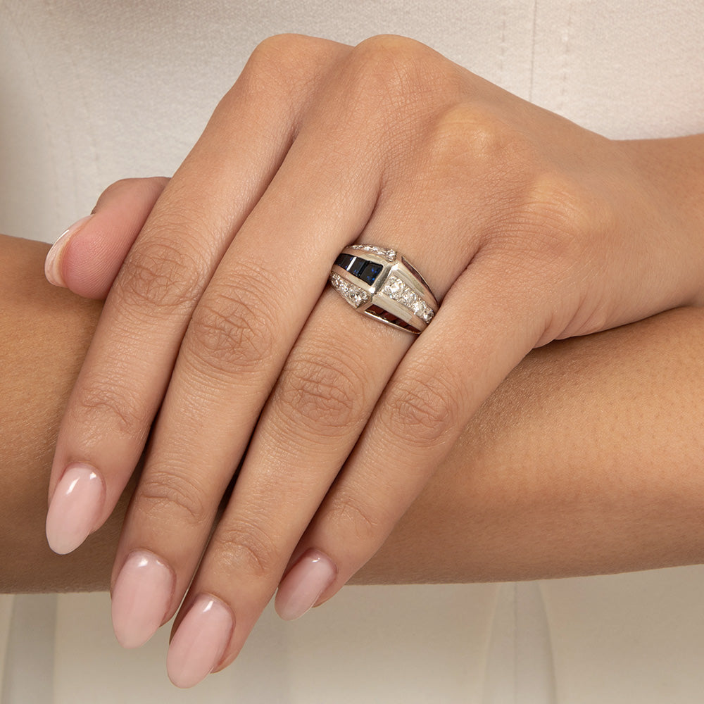 Mid-Century Geometric Ruby, Sapphire and Diamond Ring - 8