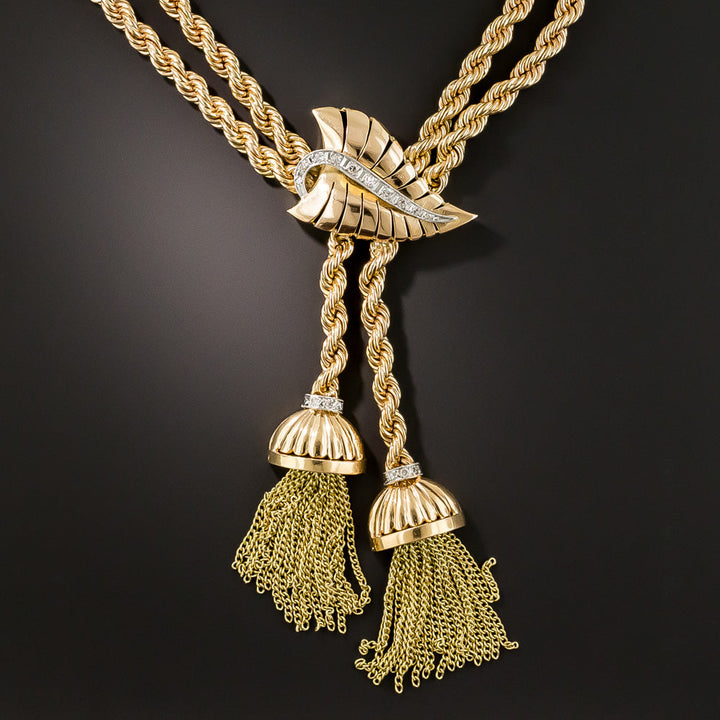 Mid-Century Gold and Diamond Tassel Necklace