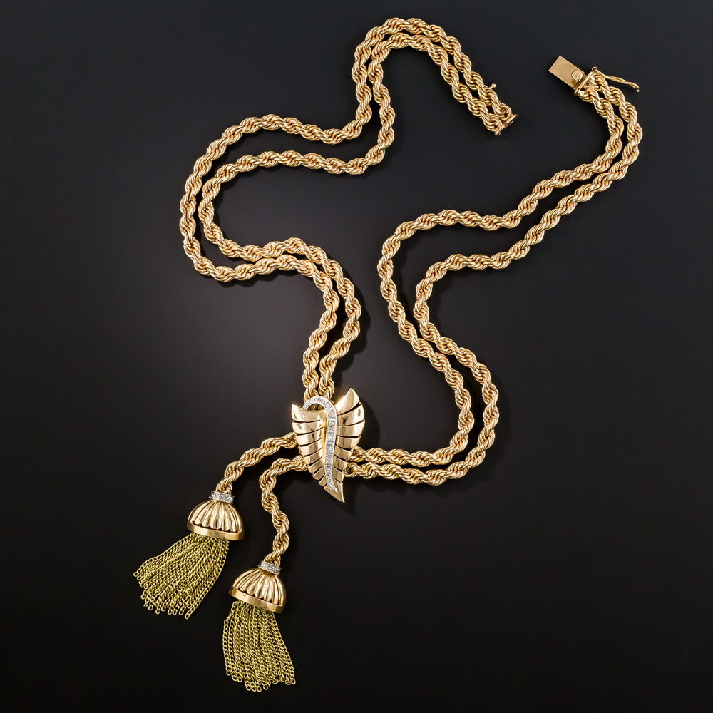 Mid-Century Gold and Diamond Tassel Necklace  - 2