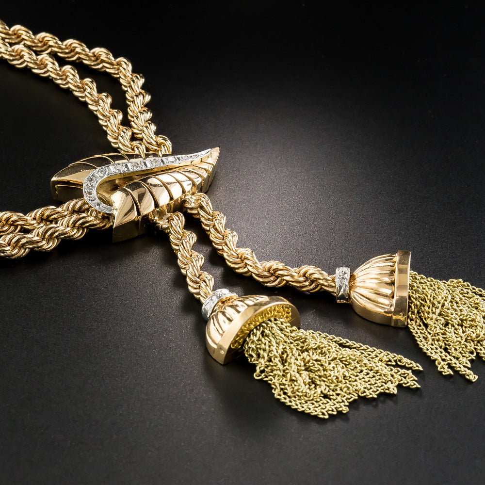 Mid-Century Gold and Diamond Tassel Necklace  - 3
