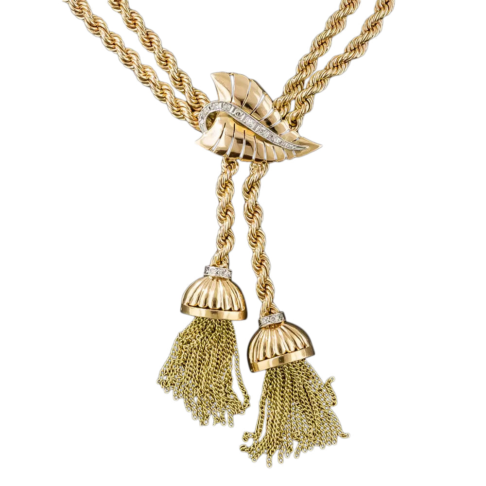 Mid-Century Gold and Diamond Tassel Necklace  - 5