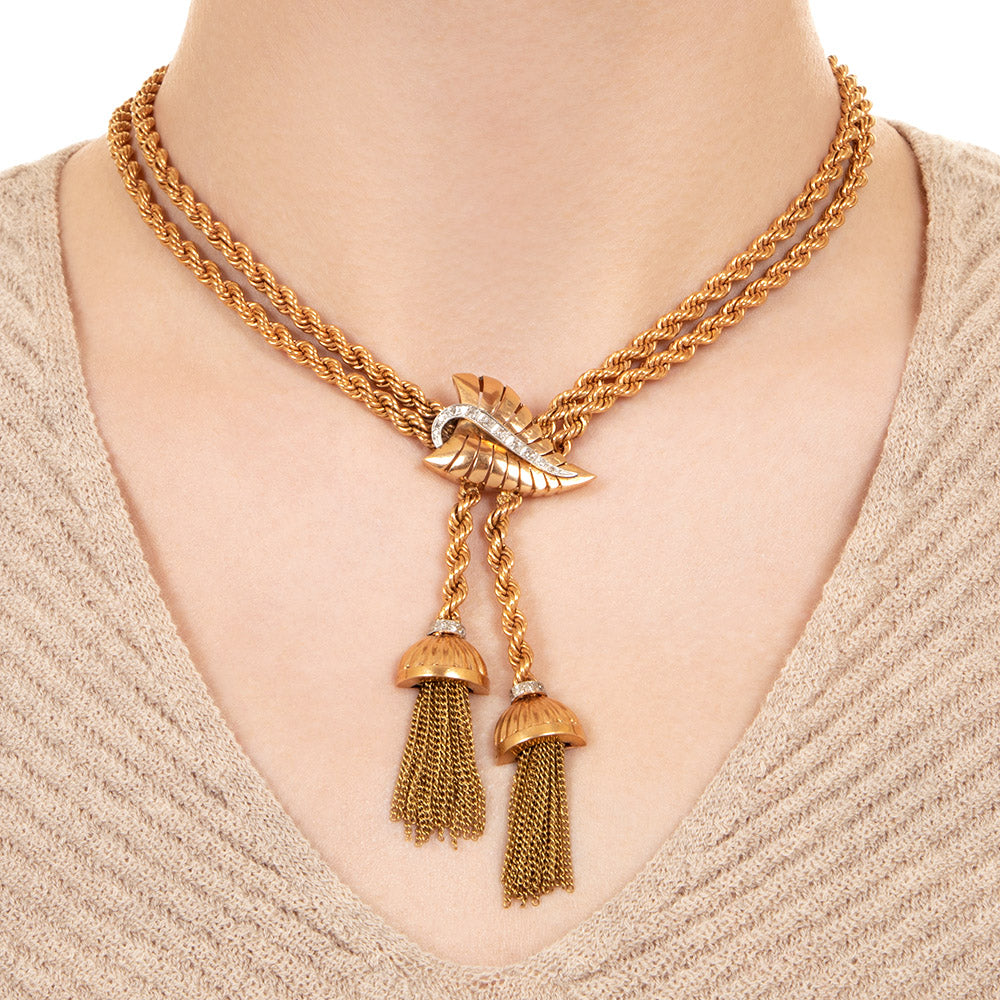 Mid-Century Gold and Diamond Tassel Necklace  - 6