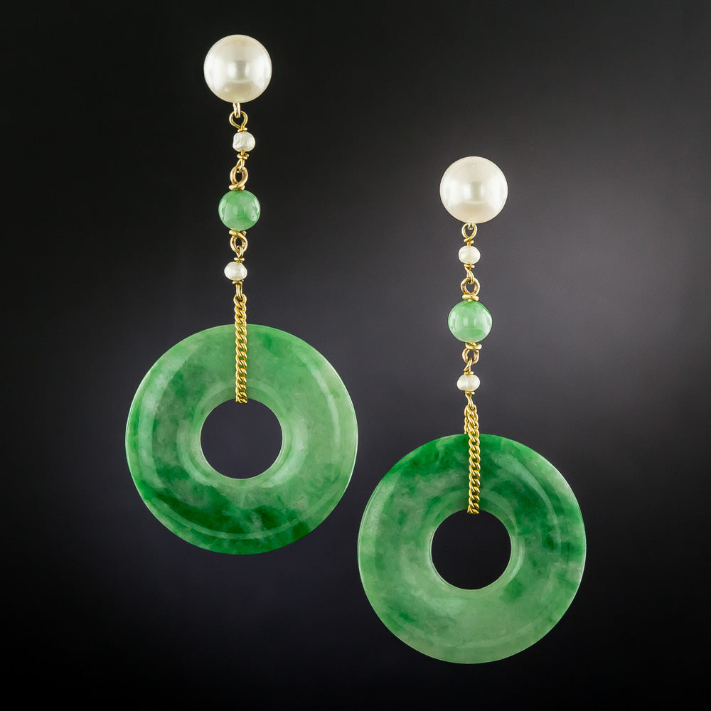 Mid-Century Jade Disc and Pearl Drop Earrings - 2
