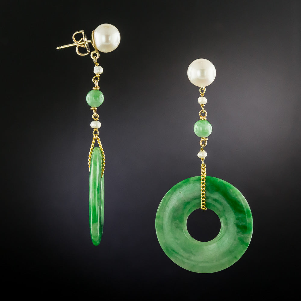 Mid-Century Jade Disc and Pearl Drop Earrings - 3