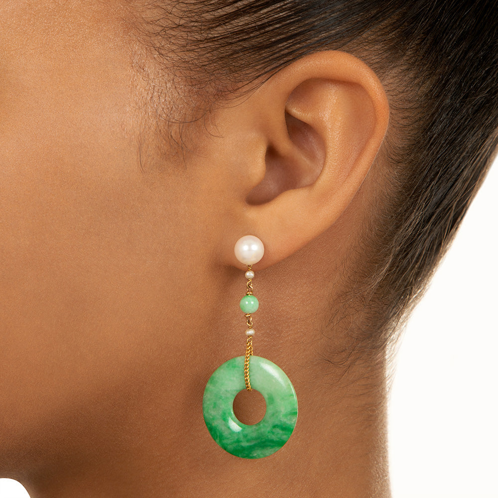 Mid-Century Jade Disc and Pearl Drop Earrings - 4
