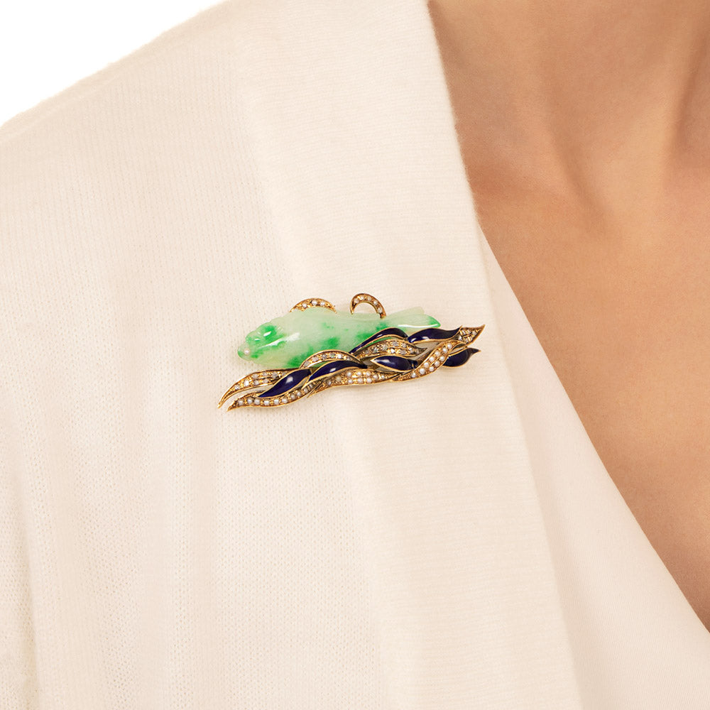 Mid-Century Jade Fish Brooch - 4