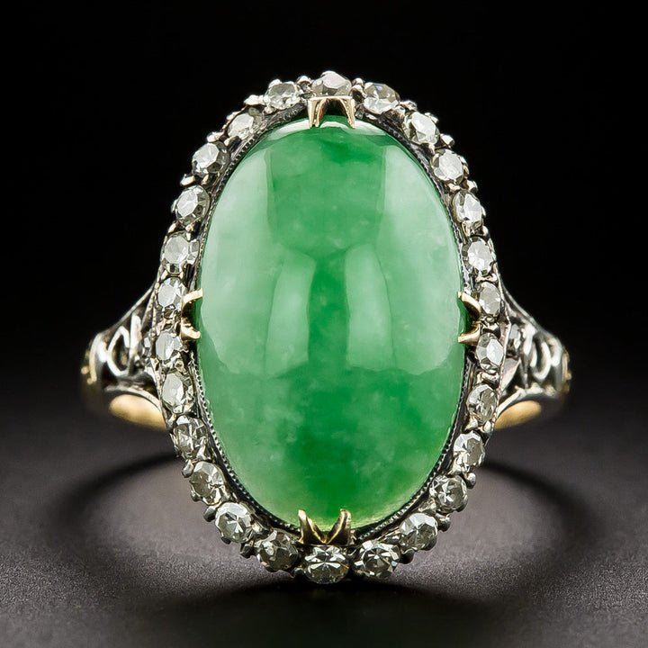 Mid-Century Jadeite and Diamond Halo Ring