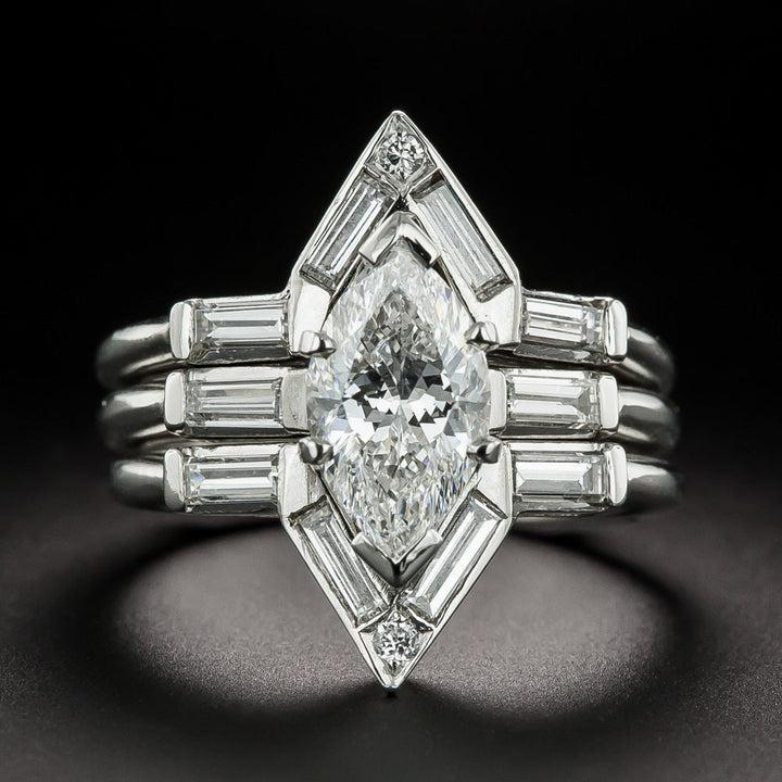 Mid-Century Marquise-Cut 1.51 Carat Diamond Ring with Drop-In Guard Ring - GIA D VS1