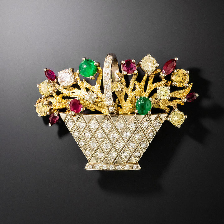 Mid-Century Multi-Gem and Diamond Flower Basket Brooch