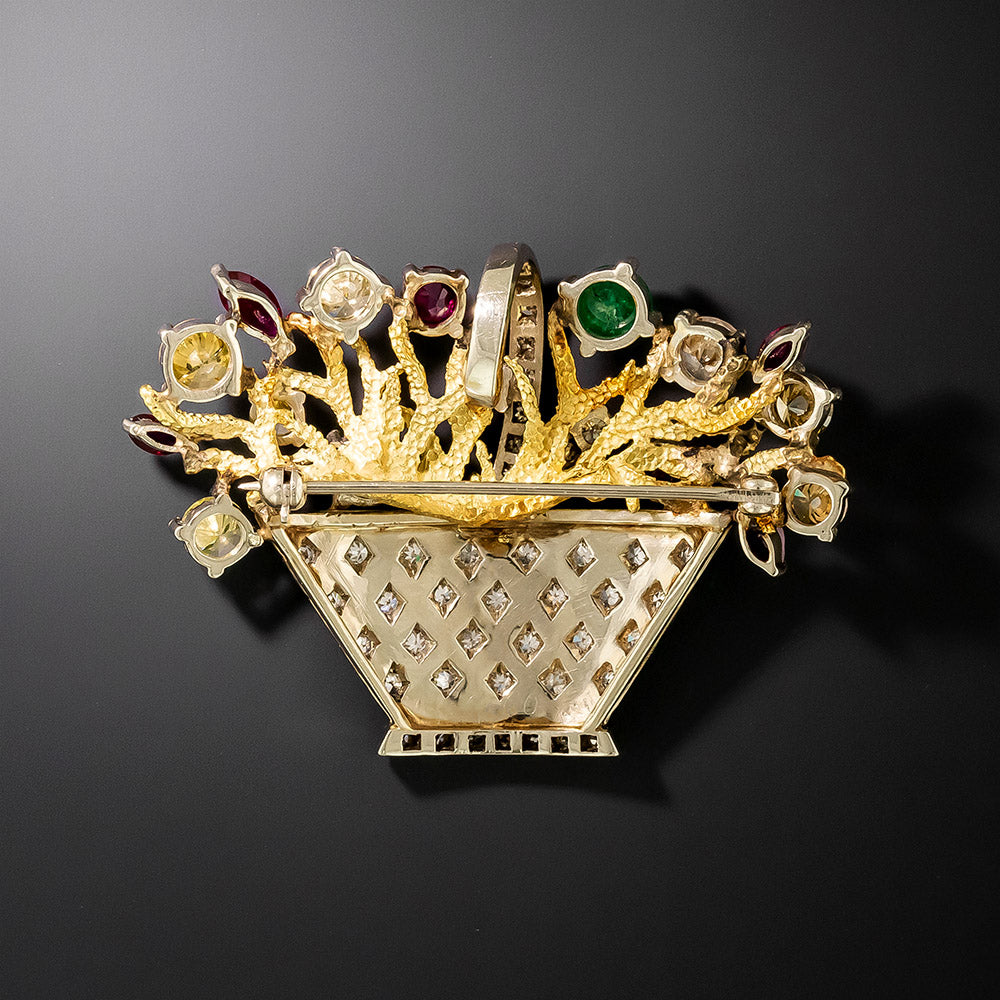 Mid-Century Multi-Gem and Diamond Flower Basket Brooch - 3