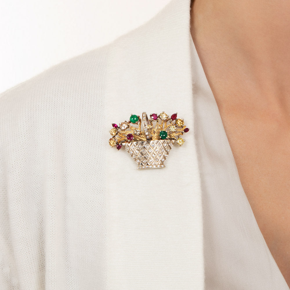 Mid-Century Multi-Gem and Diamond Flower Basket Brooch - 4