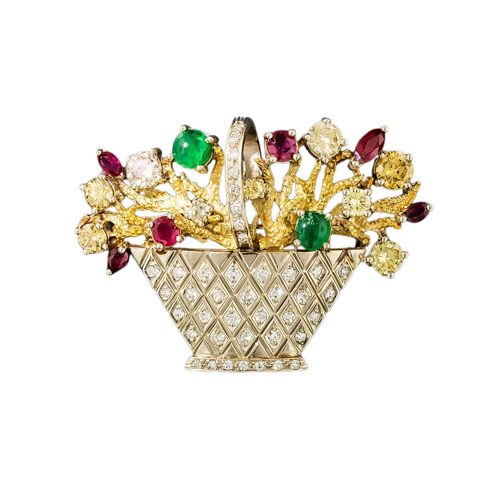 Mid-Century Multi-Gem and Diamond Flower Basket Brooch - 3