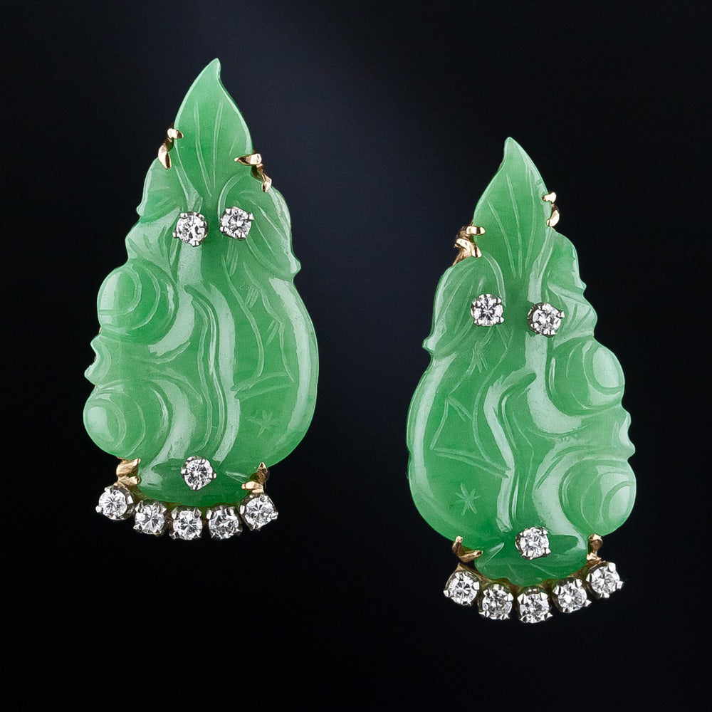 Mid-Century Natural Burmese Jade and Diamond  Leaf  Clip Earrings - 3