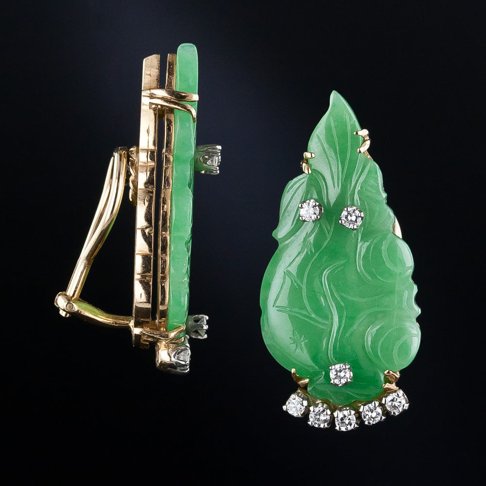 Mid-Century Natural Burmese Jade and Diamond  Leaf  Clip Earrings - 4