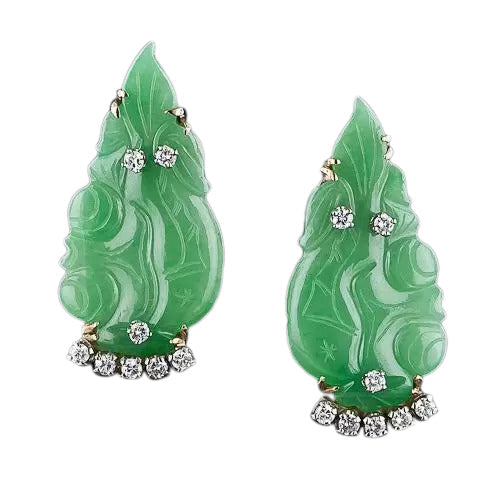 Mid-Century Natural Burmese Jade and Diamond  Leaf  Clip Earrings - 5
