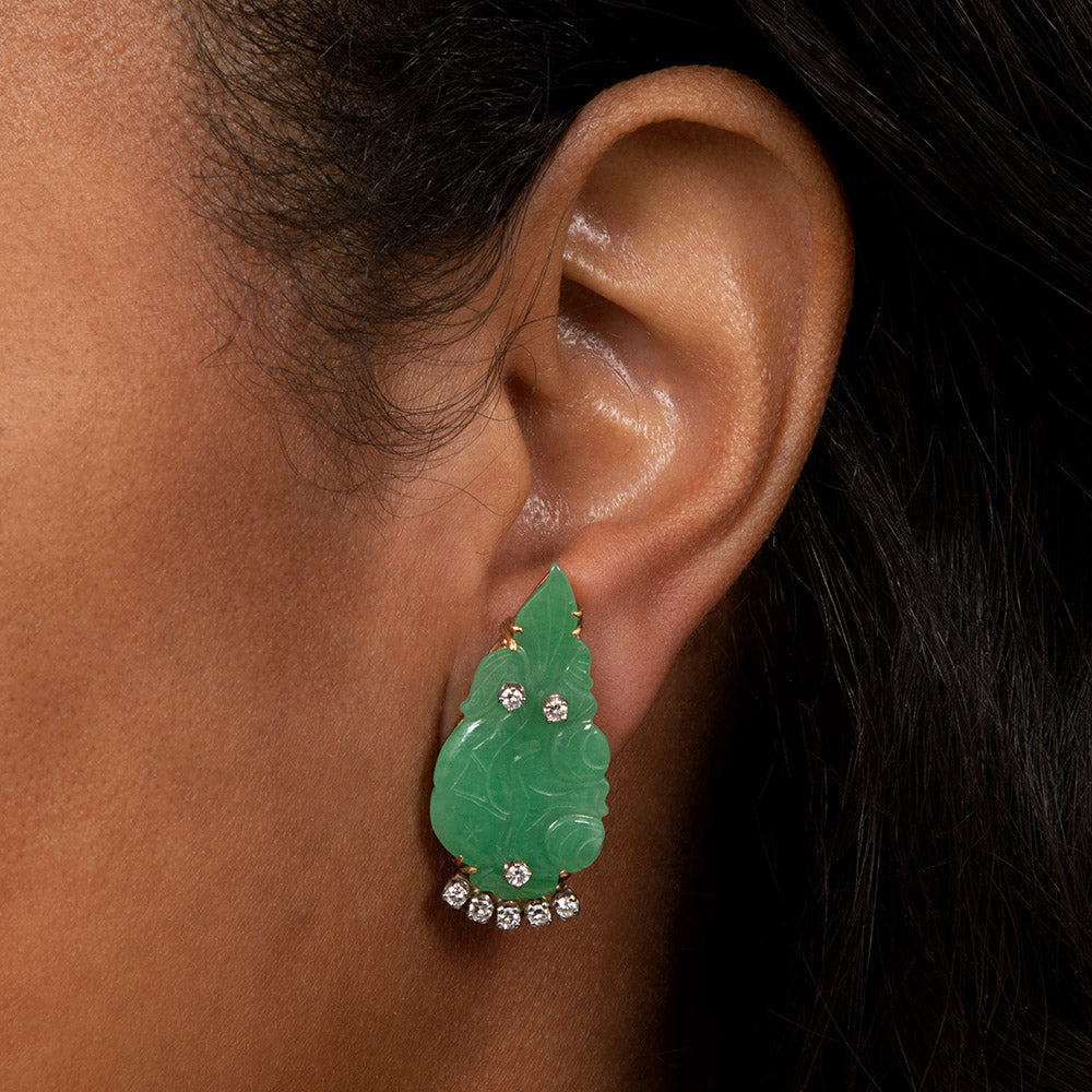 Mid-Century Natural Burmese Jade and Diamond  Leaf  Clip Earrings - 6