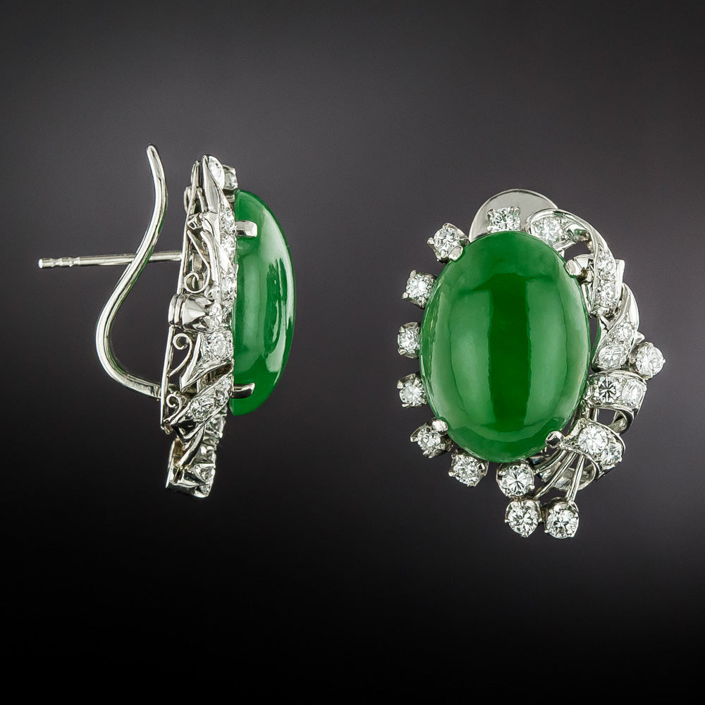 Mid-Century Natural Jade and Diamond Earrings - 3