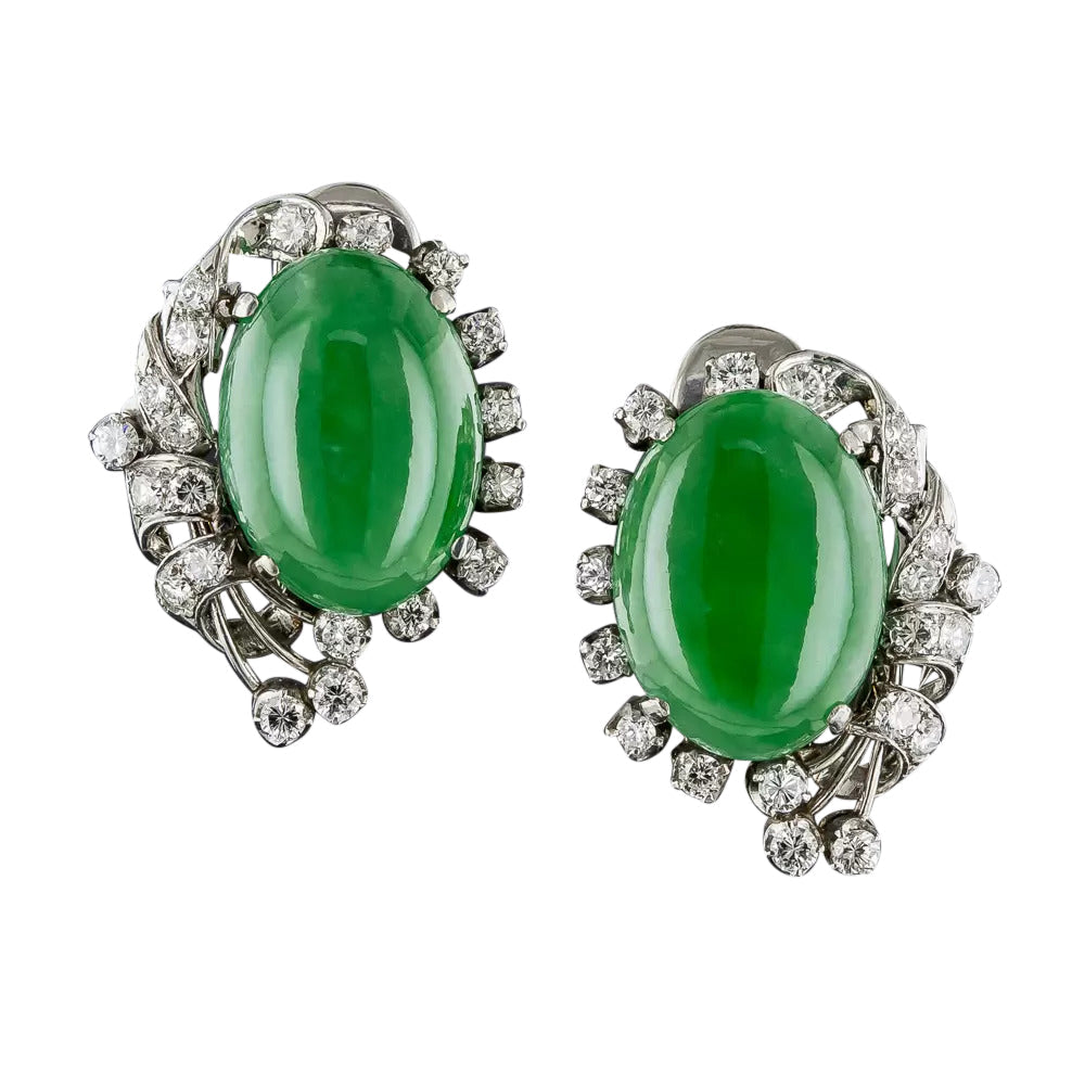 Mid-Century Natural Jade and Diamond Earrings - 5