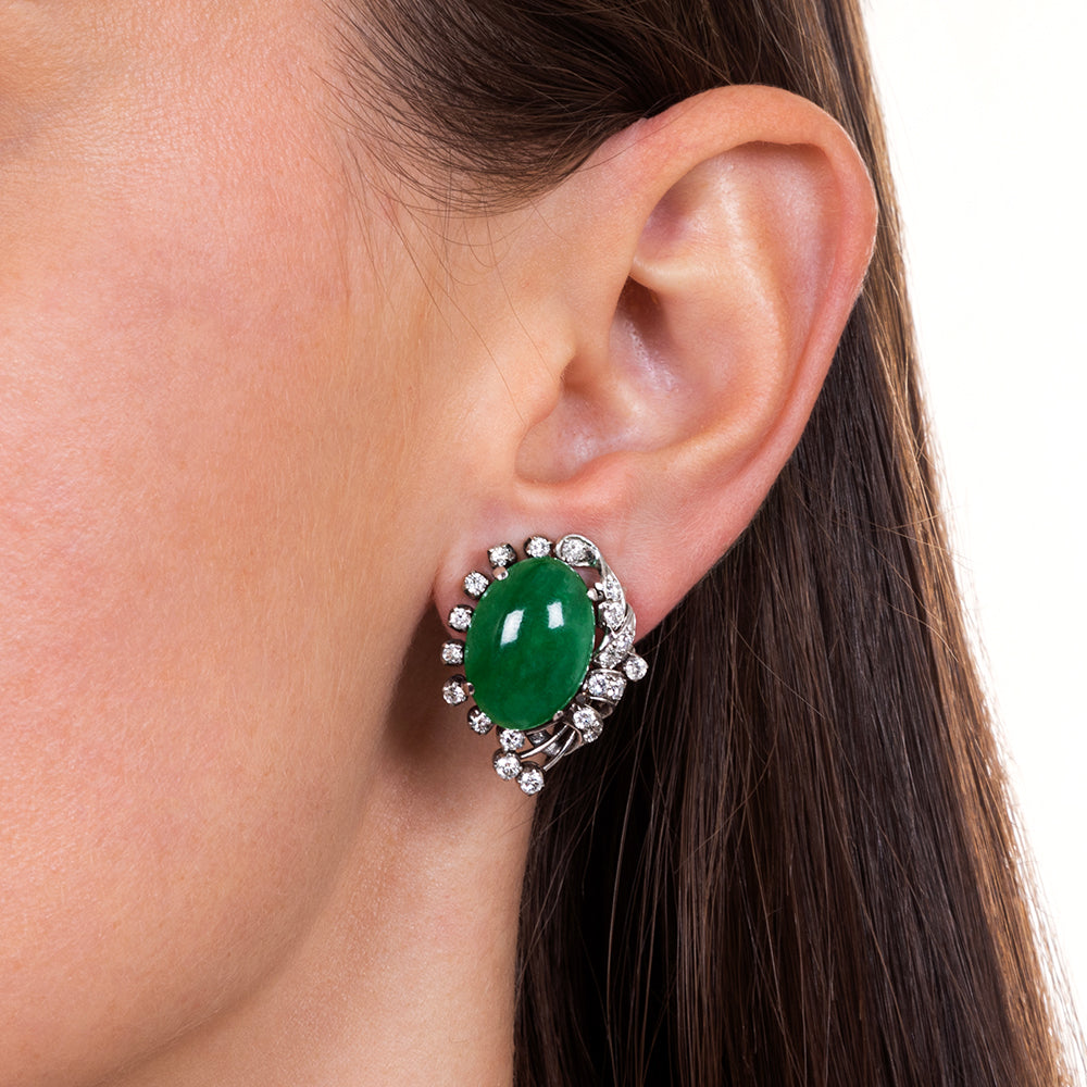 Mid-Century Natural Jade and Diamond Earrings - 6