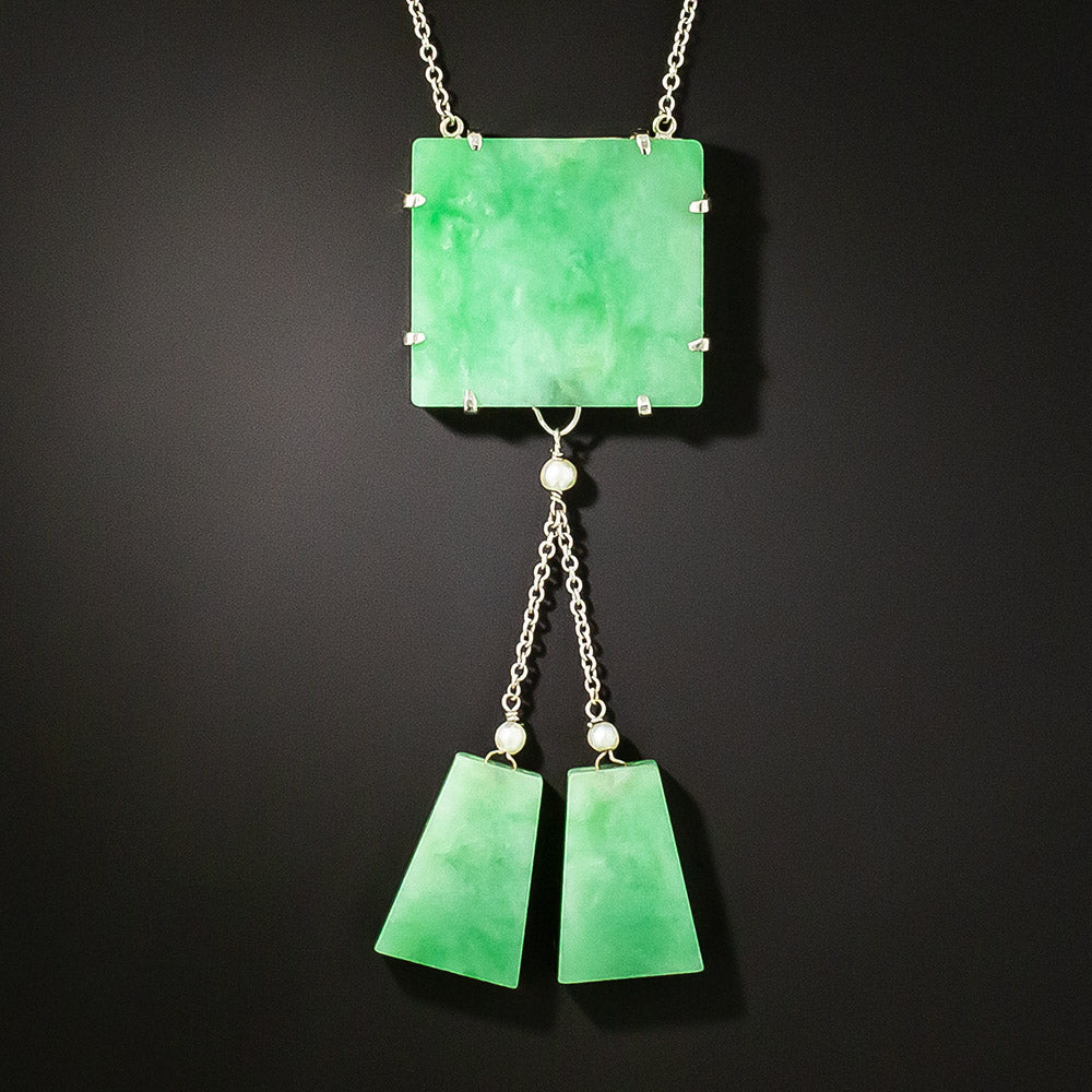 Mid-Century Natural Jadeite and Seed Pearl Drop Necklace - 1