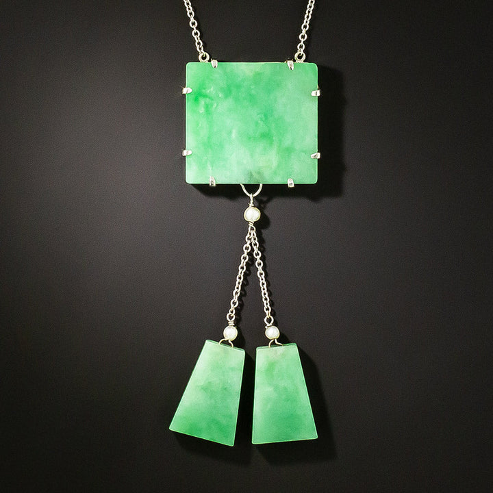 Mid-Century Natural Jadeite and Seed Pearl Drop Necklace