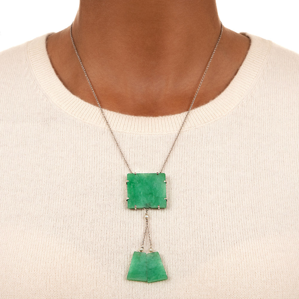 Mid-Century Natural Jadeite and Seed Pearl Drop Necklace - 2