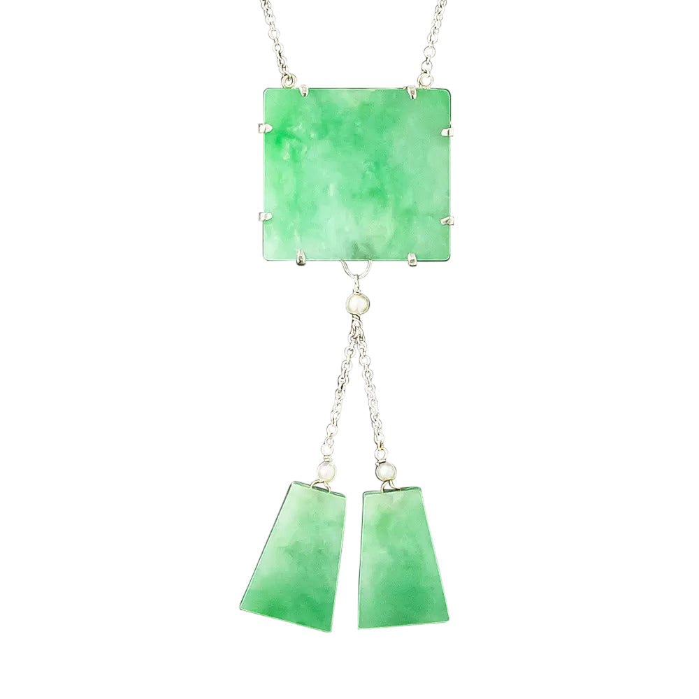 Mid-Century Natural Jadeite and Seed Pearl Drop Necklace - 3