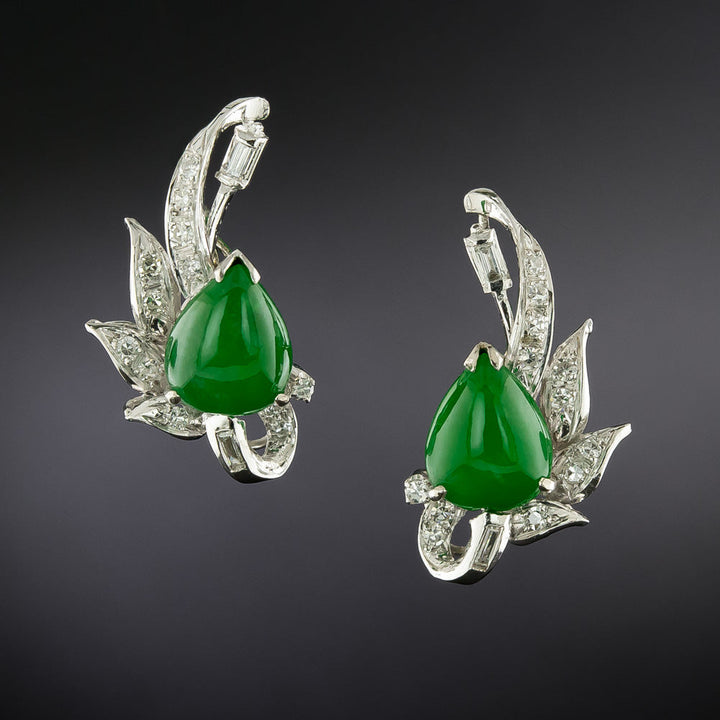 Mid-Century Natural Pear Shape Jade and Diamond Earrings - GIA